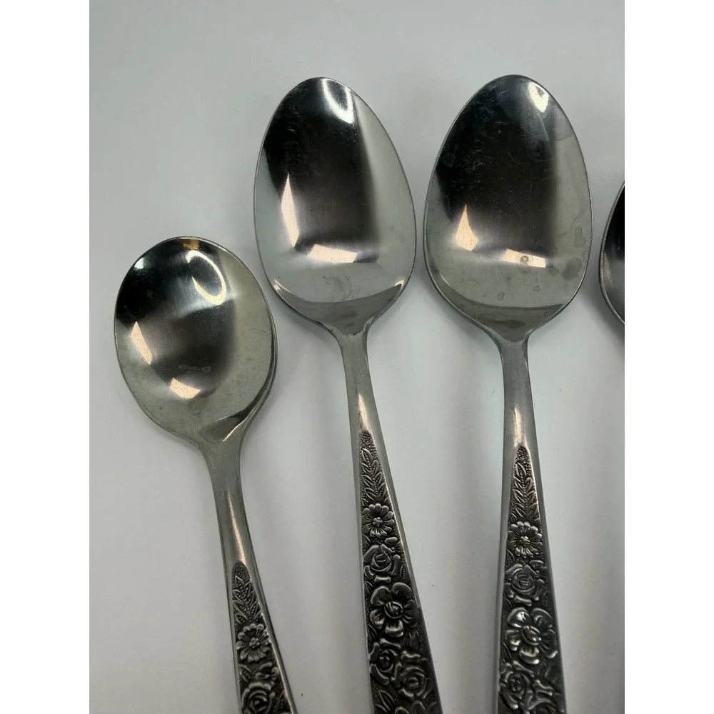 MCM Interpur JARDINERA Stainless Steel Japan Floral 5 Soup Spoons 1 Sugar Spoon